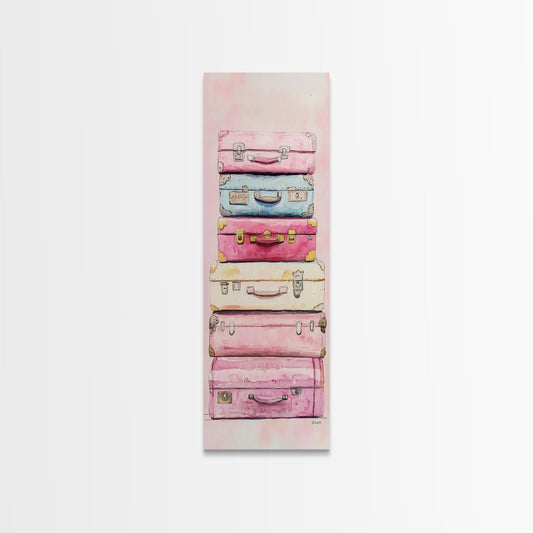 Stacked Suitcase Canvas Print Cottagecore Wall Art Whimsical Art Rustic Decor Light Pink Wall Art Vertical Gift Idea Above Sofa Art
