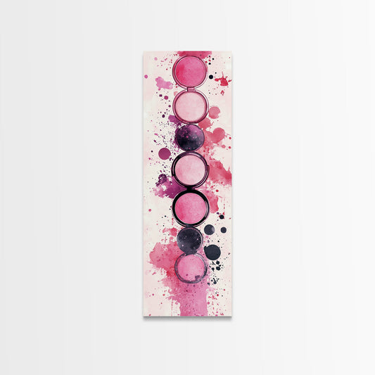 Makeup Palette Canvas Print, modern pink abstract art with splatter design, bold vertical wall art, unique wabi sabi minimalist print.