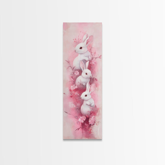 White Bunnies Framed Canvas Print Whimsical Art Cottagecore Wall Art Light Pink Wall Art Bedroom Art Vertical Wall Art Gift Idea