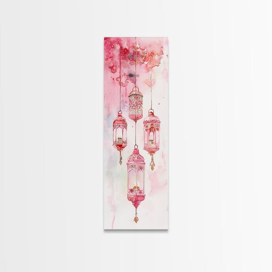 Moroccan Hanging Lanterns Framed Canvas Print, Light Pink Wall Art, Bohemian Chinoiserie Decor, Cottagecore Aesthetic Art Piece