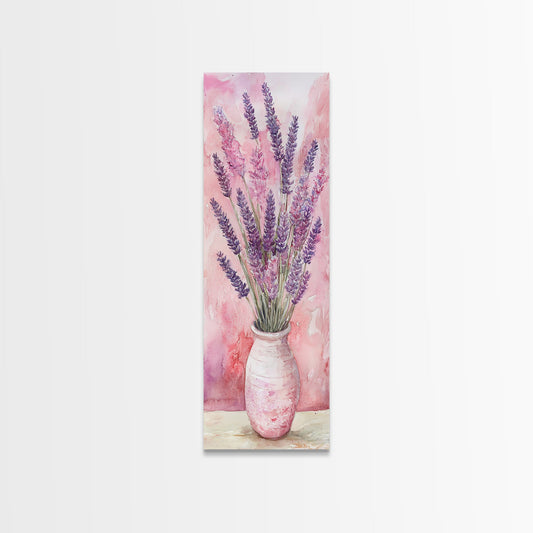 Purple Lavender Vase Painting Framed Canvas Print, Cottagecore Rustic Decor, Wildflower Vertical Art, Bedroom Art, Tall Narrow Artwork