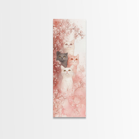 Cherry Blossom Cats Painting Canvas Print, Cottagecore Rustic Art, Pink Floral Whimsical Wall Art, Rustic Bedroom Art, Light Pink Artwork