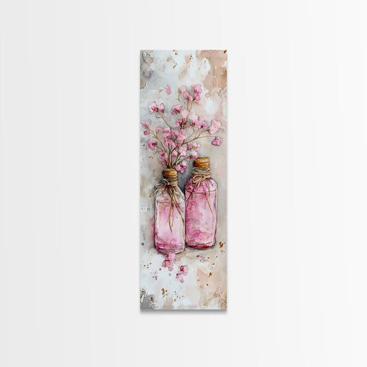 Pink Floral Bottles Canvas Print, Cottagecore Rustic Living Room Art, Light Pink Minimalist Skinny Vertical Wall Art, Gift Idea