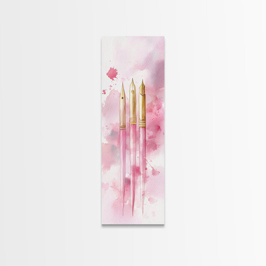 Pink Fountain Pens Canvas Print Whimsical Art Writer’s Gift Minimalist Art Living Room Decor Unique Office Wall Art Illustration