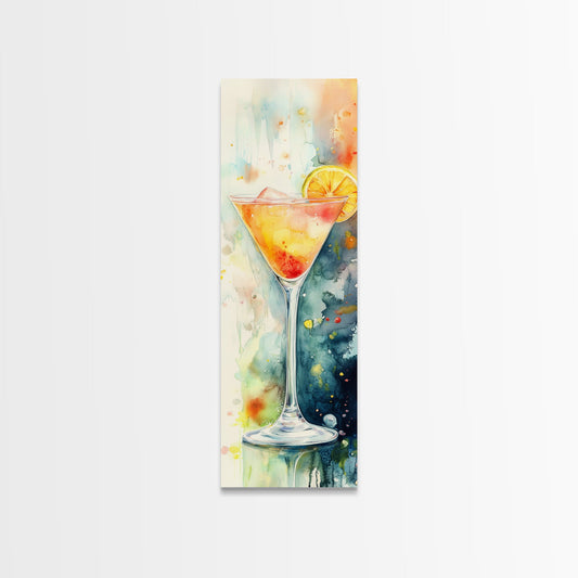Citrus Martini Watercolor Framed Canvas Print, Colorful Cocktail Art with Fresh Orange, Bright Kitchen or Bar Wall Art for Summer Decor