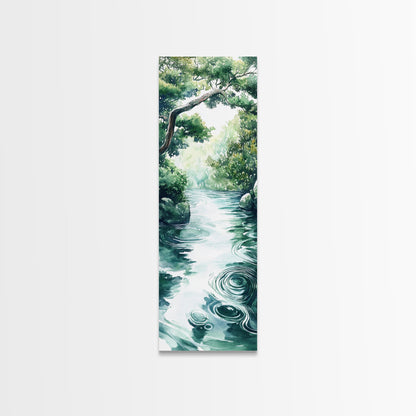 Serene Forest Stream Framed Canvas Print Coastal Landscape Art Green Wall Art Rustic Decor Vertical Art Guest Room Wall Decor