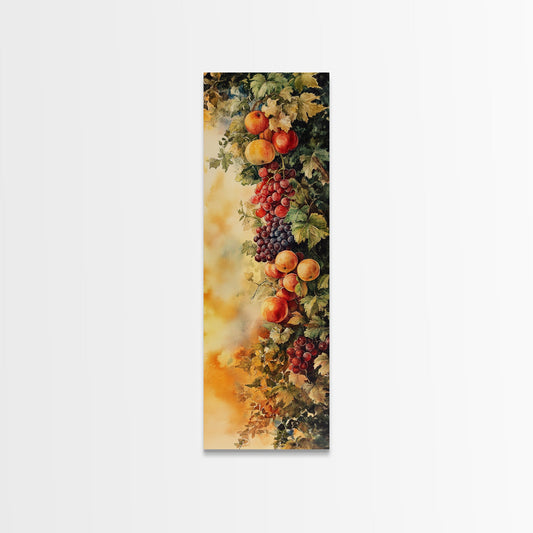 Botanical Fruit Canvas Print with Autumn Grapes, Rustic Cottagecore Kitchen Art, Living Room Vertical Wall Decor Piece