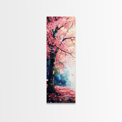 Cherry Blossom Tree Framed Canvas Print, Moody Pink Wall Art, Japanese Botanical Artwork, Vertical Minimalist Decor, Gift Idea