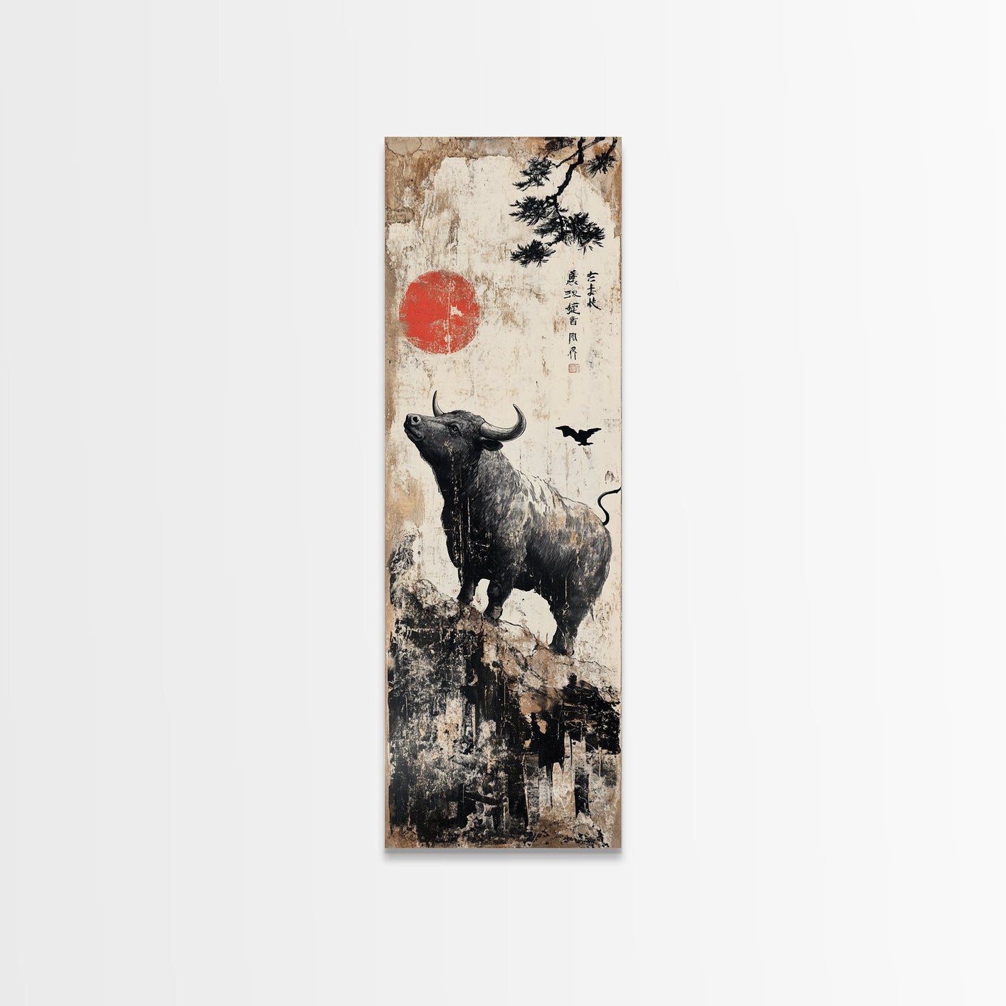 Rustic Buffalo Art Canvas Print, Wabi Sabi Minimalist Decor, Red Sun Vertical Art, Farmhouse Living Room Rustic Wall Artwork