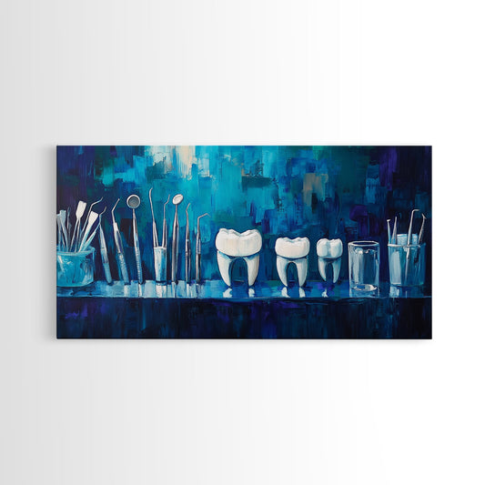 Modern Dental Art Framed Canvas Print, Dental Office Decor, Blue and Green Wall Art, Coastal Wall Art, Guest Room Art, Vertical Wall Art