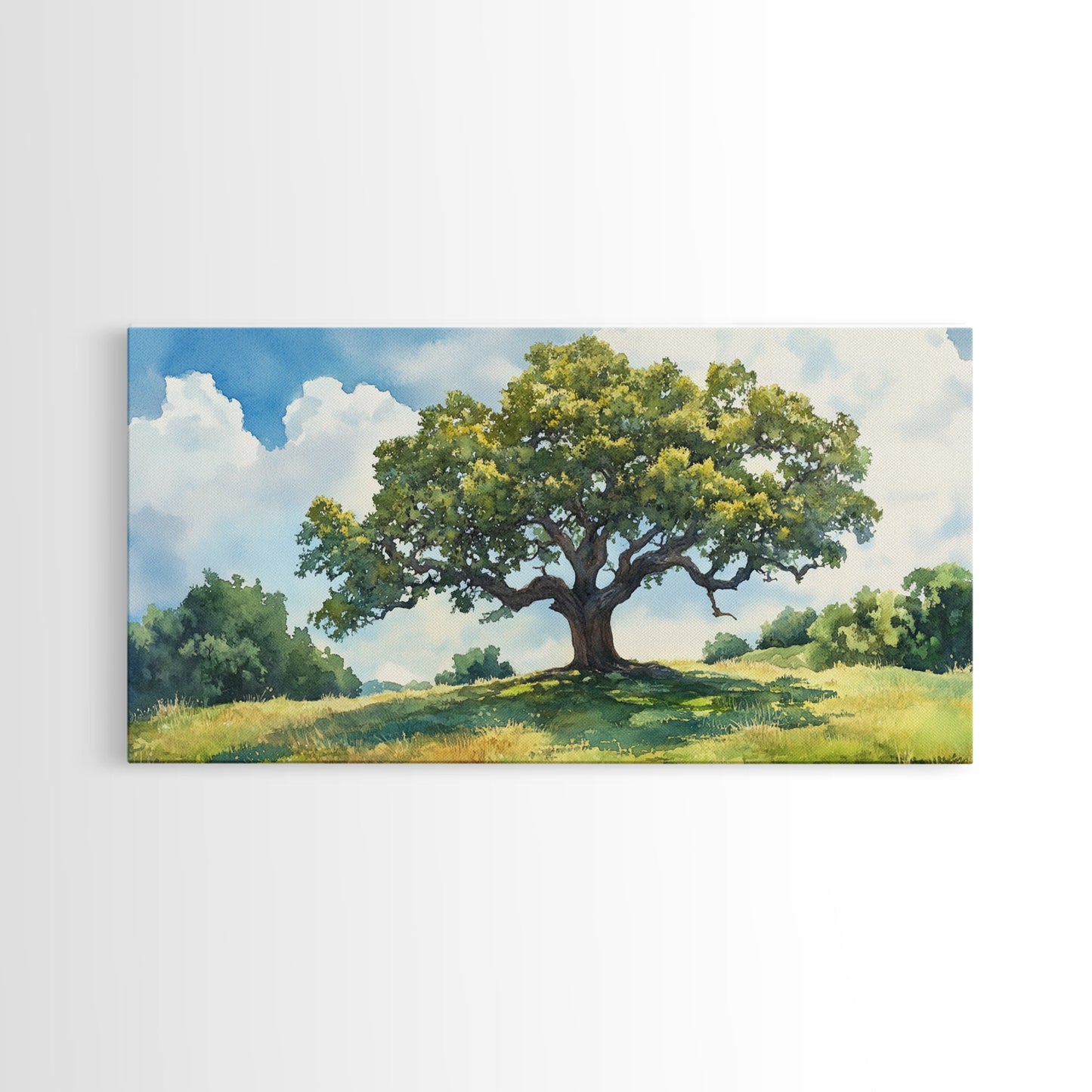 Sprawling Oak Tree Canvas Print Rustic Wall Art Panoramic Painting Nature Scene Bedroom Decor Horizontal Artwork Farmhouse Wall Art
