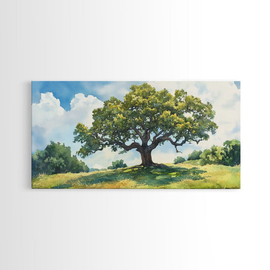Sprawling Oak Tree Canvas Print Rustic Wall Art Panoramic Painting Nature Scene Bedroom Decor Horizontal Artwork Farmhouse Wall Art