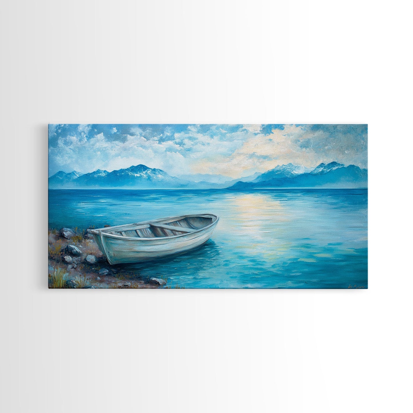 Boat on Tranquil Lake Canvas Print Coastal Landscape Art Nautical Wall Art Rustic Decor Above Sofa Artwork Bedroom Art Original Painting
