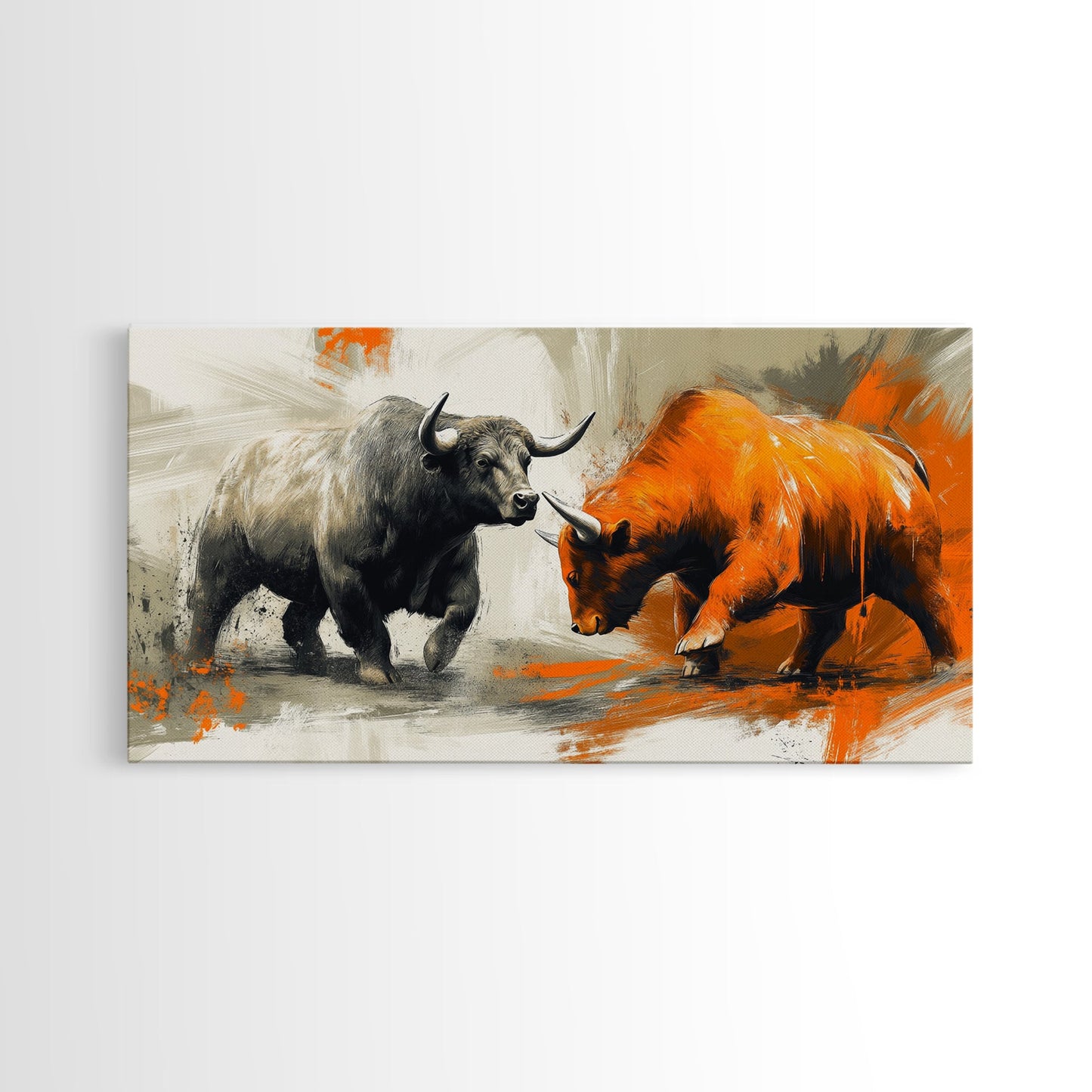 Moderner Leinwanddruck mit Stier und Bär, gerahmt, Geschenkidee, Kunst für den Finanzmarkt, Wanddekoration, rustikale Kunst über dem Sofa