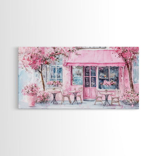 Charming Pink Café Canvas Print Featuring Cottagecore Wall Art Cherry Blossom Painting Rustic Art Above Sofa Art Farmhouse Living Decor