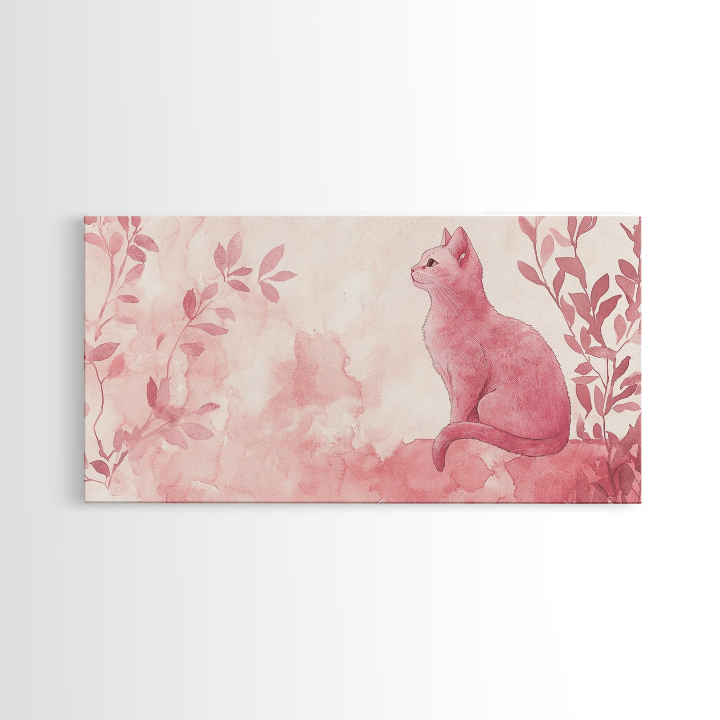 Whimsical Pink Cat Canvas Print Featuring Pink Wall Art Minimalist Art Botanical Prints Light Pink Wall Art Farmhouse Rustic Decor