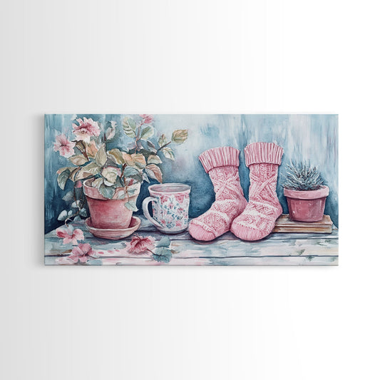 Cozy Cottagecore Framed Canvas Print, Light Pink Socks and Plants Rustic Decor, Whimsical Wall Art Farmhouse Gift Idea for Her