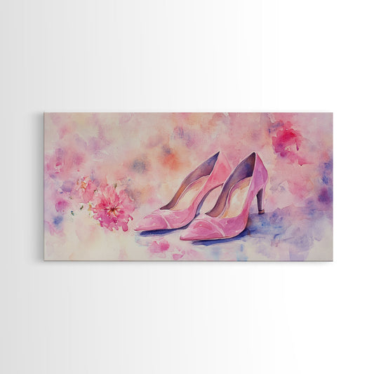 Pink Shoes Painting Framed Canvas Print, Light Pink Wall Art Whimsical Decor, Cottagecore Bedroom Art Rustic Gift Idea for Her