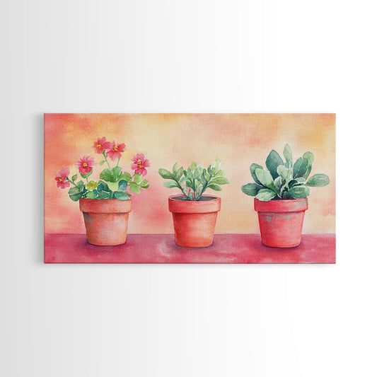 Potted Plants Painting Framed Canvas Print, Cottagecore Wildflower Art Rustic Wall Decor, Botanical Prints Horizontal Gift Idea