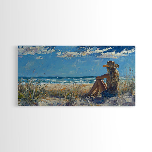 Coastal Cowgirl Framed Canvas Print Coastal Landscape Art Nautical Decor Ocean View Art Horizontal Wall Art Above Bed Wall Art