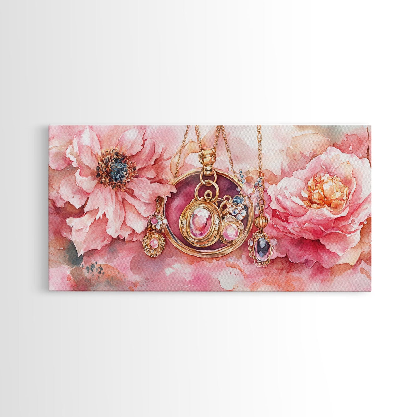 Leinwanddruck mit rosafarbenem Edelsteinschmuck, feminin-elegantes Kunstwerk, glamouröses Rosenbild, Wanddekoration fürs Wohnzimmer, einzigartiges Deko-Geschenk