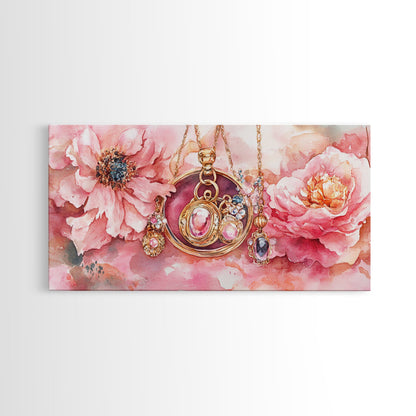 Leinwanddruck mit rosafarbenem Edelsteinschmuck, feminin-elegantes Kunstwerk, glamouröses Rosenbild, Wanddekoration fürs Wohnzimmer, einzigartiges Deko-Geschenk