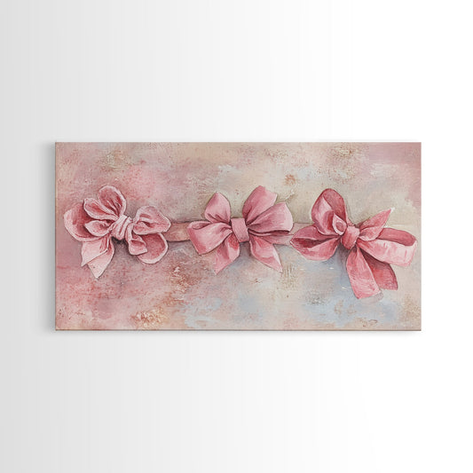 Pink Bow Watercolor Canvas Print, Feminine Rustic Art, Whimsical Wall Decor, Cottagecore Pastel Painting, Living Room Gift Idea