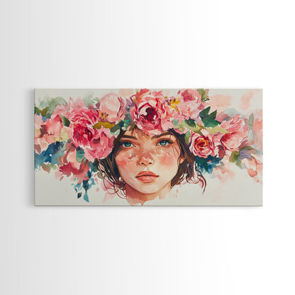 Floral Crown Canvas Print | Goddess Art Print | Pink Abstract Art | Romantic Woman Art | Boho Bedroom Decor Framed Canvas Print