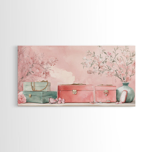 Jewelry Box Botanical Canvas Print | Chinoiserie Pink Floral Wall Art | Feminine Pastel Room Decor | Vintage Style Above Bed Art | Gift Idea for Her