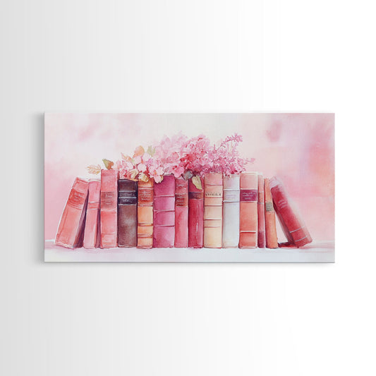Vintage Book Stack Canvas Print | Botanical Pastel Wall Art | Cottagecore Library Decor | Feminine Reading Room Artwork | Gift Idea for Her