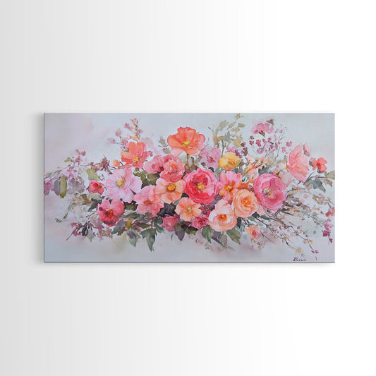 Floral Bouquet Canvas Print, Rustic Wildflower Painting, Cottagecore Botanical Prints, Light Pink Abstract Artwork, Home Decor Accent Piece