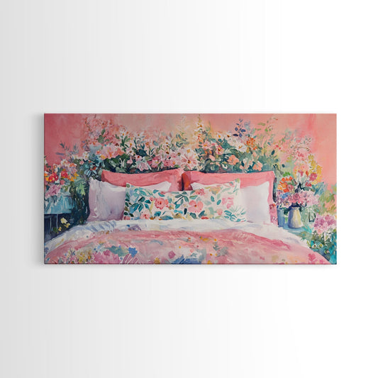 Floral Bedspread Canvas Print, Bright and Cozy Bedroom Art with Cottagecore Wildflowers, Pink and Green Wall Art Above Bed