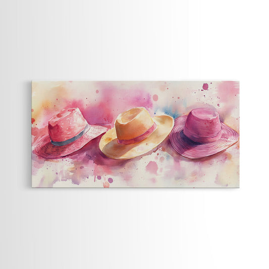 Straw Hats Canvas Print Light Pink Wall Art Coastal Cowgirl Wall Art Cottagecore Decor Whimsical Art Rustic Artwork Gift Idea