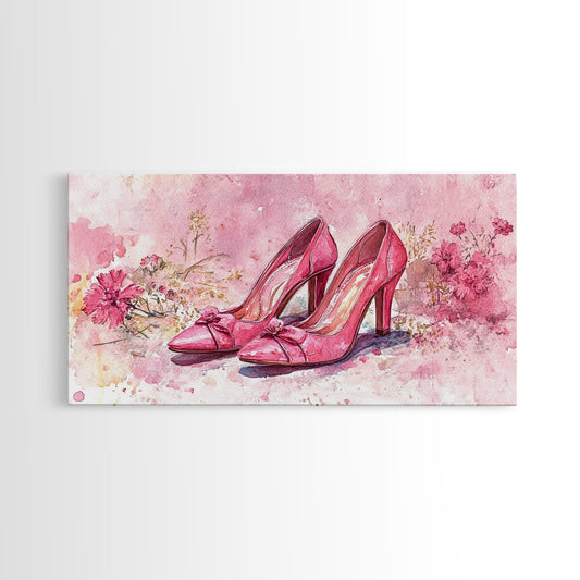 Pink Heels Painting Framed Canvas Print, Feminine Art Gift Idea, Light Pink Wall Art, Cottagecore Decor, Rustic Original Artwork