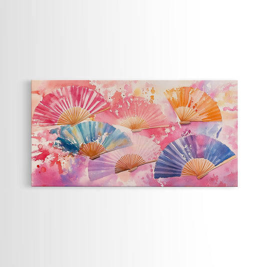 Watercolor Fans Colorful Canvas Print, Whimsical Pink Orange Wall Art, Chinoiserie-Inspired Art Living Room Boho Decor
