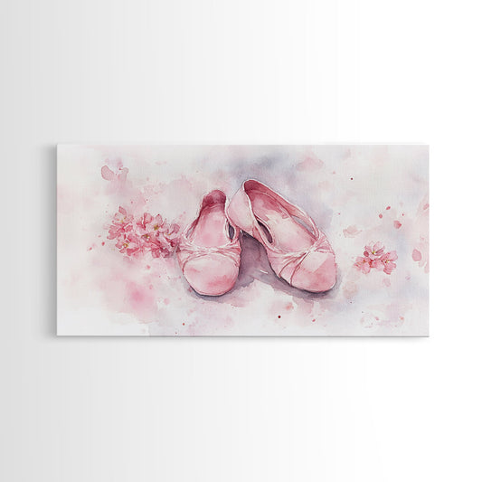 Pink Ballet Shoes Framed Canvas Print, Whimsical Cottagecore Wall Art with Cherry Blossoms, Light Pink Dorm Art Gift Idea