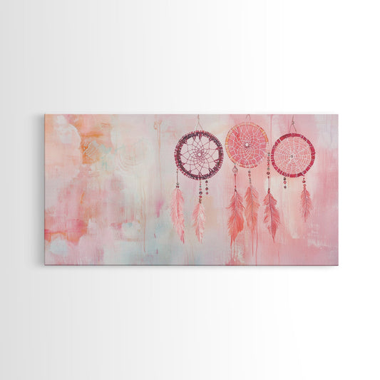 Dreamcatcher Pink Boho Canvas Print with Feathers and Beads, Perfect Light Pink Wall Art for Dorm or Bedroom, Cottagecore Aesthetic