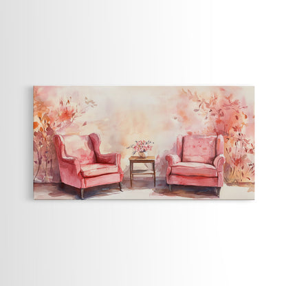 Cozy Pink Living Room Canvas Print with Chairs and Floral Decor, Perfect Rustic Wall Art for Fall or Above Couch Decor, Farmhouse Style