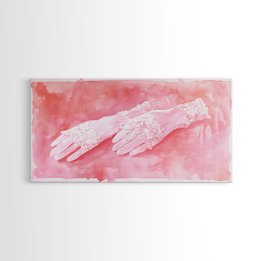 Delicate Lace Gloves Canvas Print in Light Pink, Vintage Cottagecore Wall Art with Romantic Aesthetic, Perfect Wedding Gift Idea
