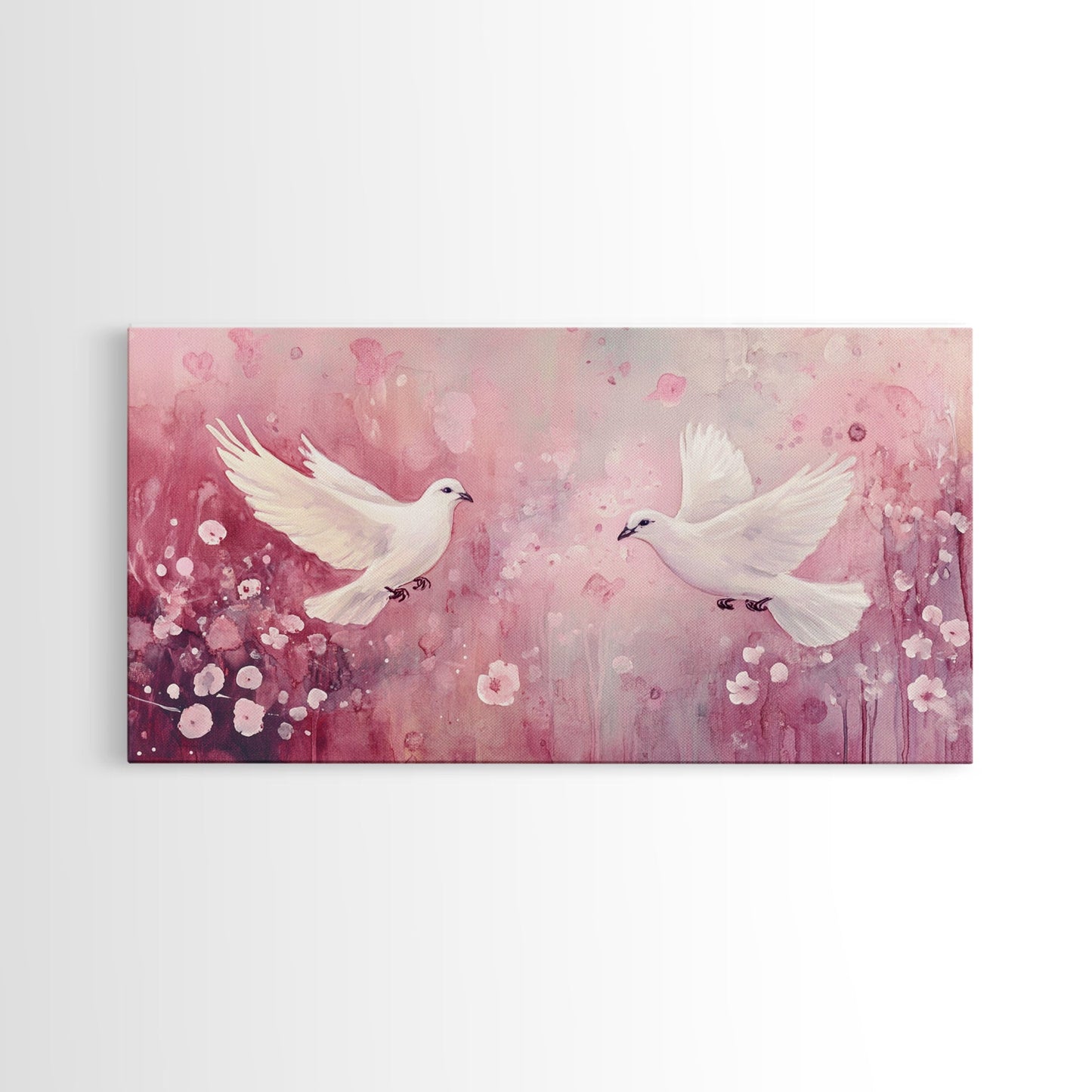 Romantic Doves Framed Canvas Print, Whimsical Pink and White Wall Art, Cherry Blossom Painting, Bedroom or Living Room Gift Idea
