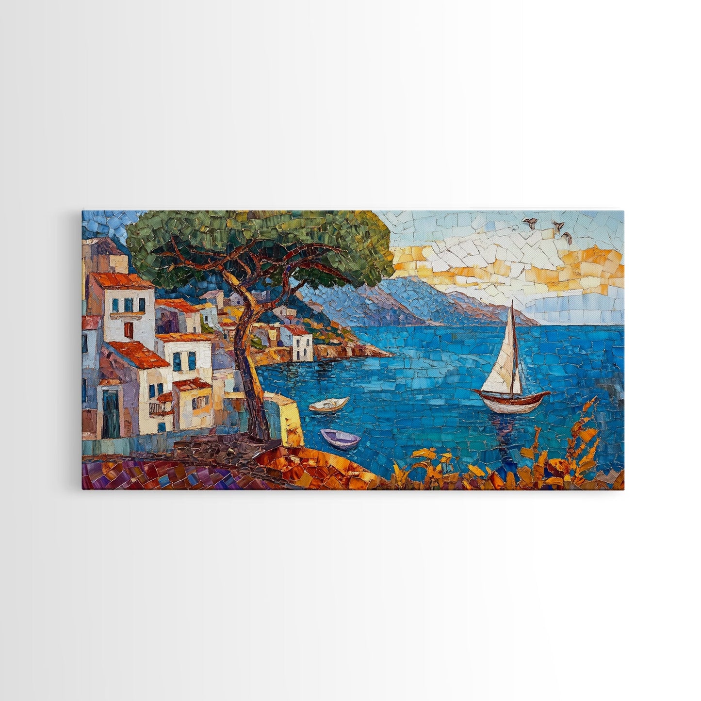 Coastal Sailboat Scene Mosaic Canvas Print - Nautical Decor Seascape Painting - Rustic Fall Wall Art Above Sofa Coastal Home Art