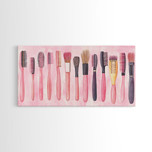 Hairbrush Collection Canvas Print Whimsical Art Pink Wall Art Fun Boho Aesthetic Bathroom Decor Vertical Art Unique Gift Idea