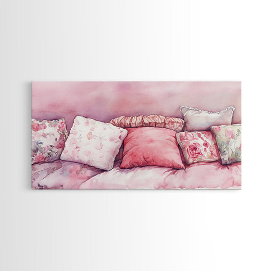 Floral Pillows Canvas Print Cottagecore Pink Wall Art Light Aesthetic Rustic Home Decor Above Couch Artwork Bedroom Decoration