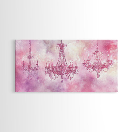 Pink Chandelier Trio Canvas Print Cottagecore Style Rustic Wall Art Extra Wide Artwork Bedroom or Above Bed Home Decor Gift Idea