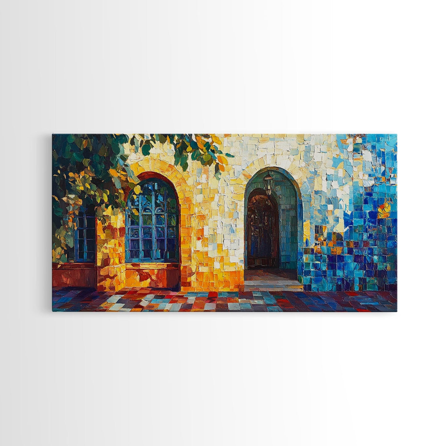 Sunlit Arched Window Framed Canvas Print - Rustic Moroccan Wall Art - Coastal Landscape Art - Farmhouse Decor Bedroom Art