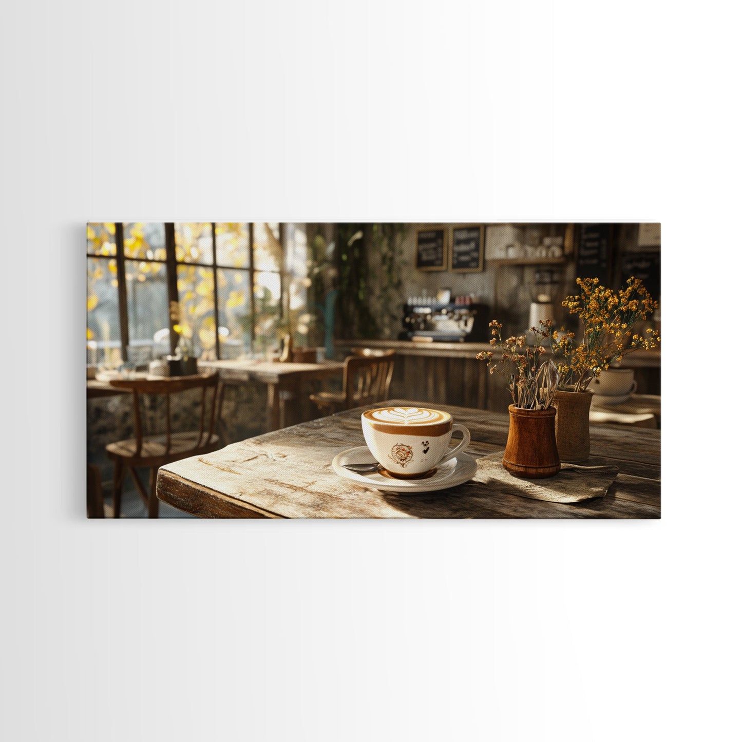 Cozy Cafe Latte Framed Canvas Print - Coffee Wall Art Kitchen Decor - Rustic Farmhouse Style Food Review Art - Gift Idea Her