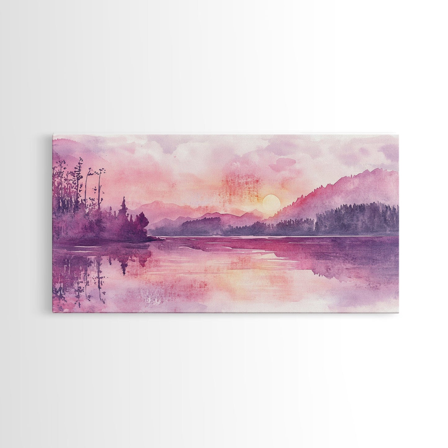 Sunset Landscape Art Framed Canvas Print Pink Orange Wall Art Living Room Art Panoramic Painting Above Couch Art Coastal Decor