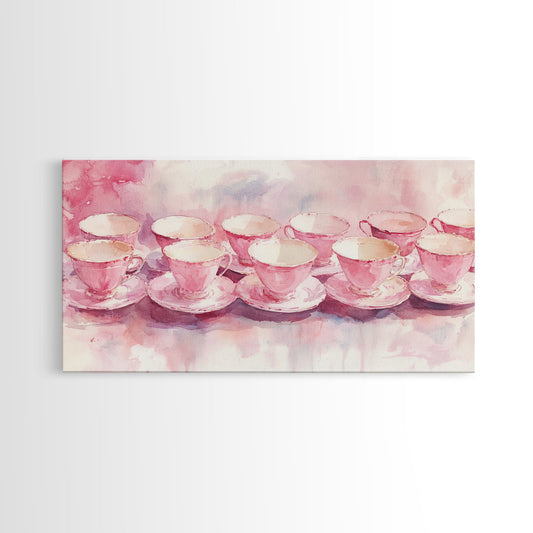 Pink Tea Cup Canvas Print Cottagecore Wall Art Rustic Decor Living Room Art Light Pink Wall Art Above Bed Art Framed Kitchen Decor