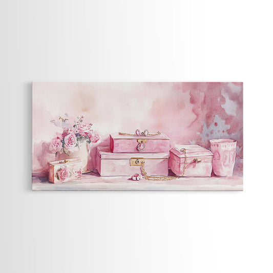 Pink Jewelry Box Canvas Print Cottagecore Wall Art Light Pink Wall Art Rustic Decor Bedroom Art Framed Gift Idea Feminine Artwork