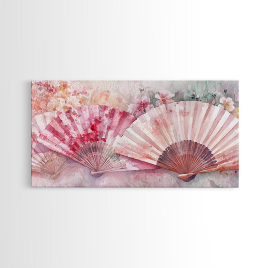 Japanese Fans Canvas Print | Chinoiserie Pink Wall Art | Cottagecore Framed Canvas Print | Rustic Decor | Living Room Art